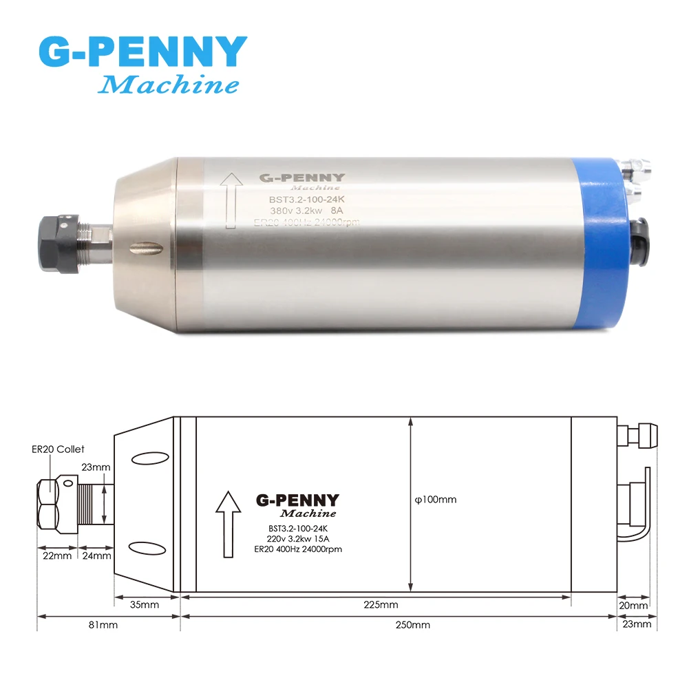 G-Penny 3.2kw Water Cooled Spindle Motor 4 pcs Bearings 0.01mm Accuracy 220v / 380v Water Cooling 3.0kw D=100mm CNC Engraving