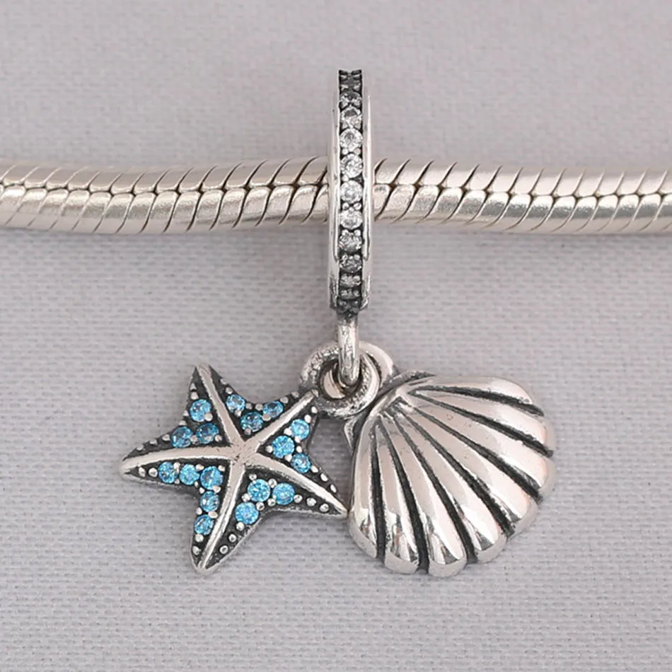 Women Bracelets Bead Starfish & Shell With Crystal Dangle fit Women Bracelet Bangle Silver DIY Jewelry