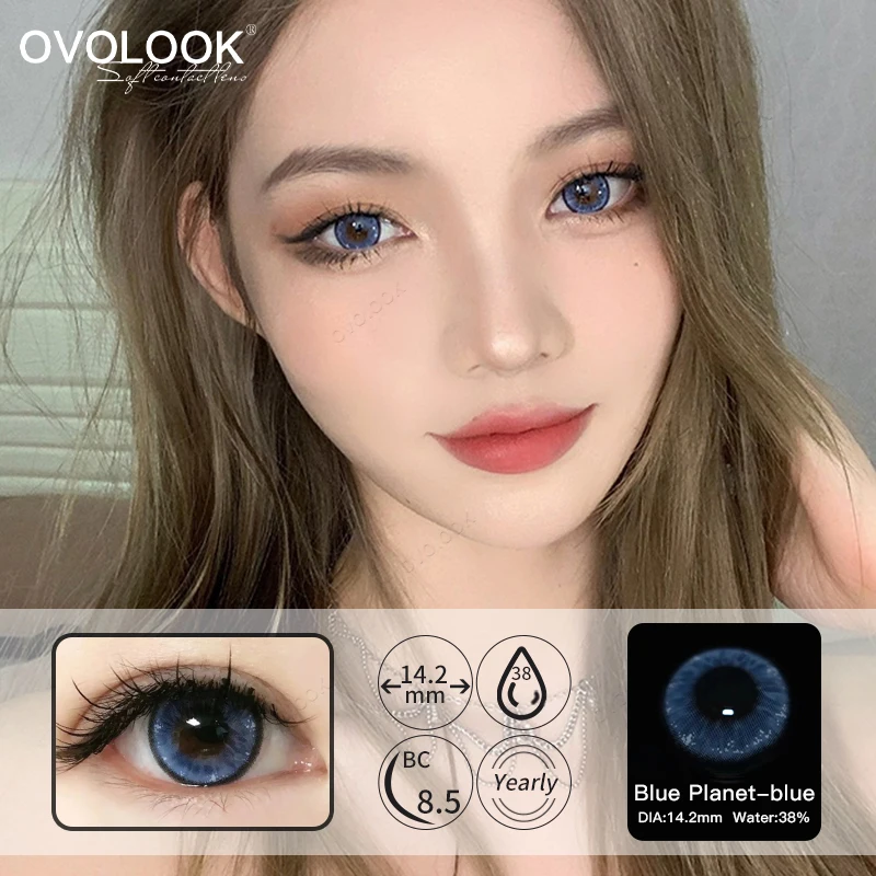 OVOLOOK-2pcs/pair Blue Lenses Naturl Pupil Colored Lenses for Eyes Beauty Contact Lenses Eye Color Lens for Myopia Yearly 14.2mm