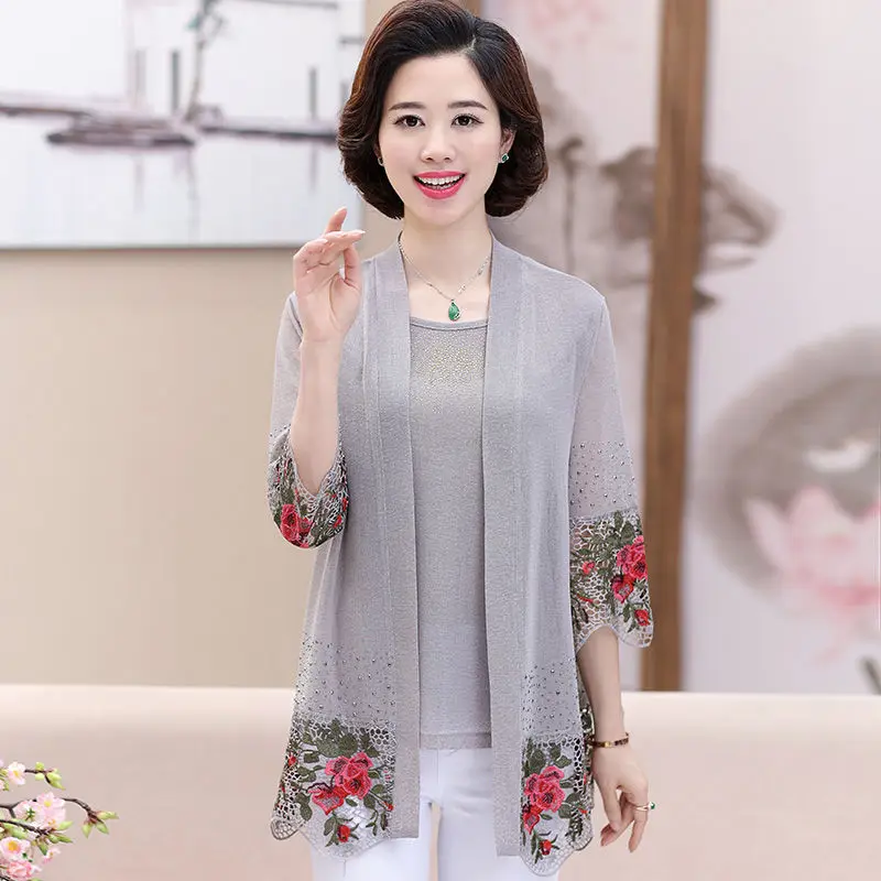 Heavy Industry Lace Embroidery Stitching Women 2pcs Suit Fashion Middle-Aged Mom Summer Shawl Cardigan Two-piece Set Vintage 5XL