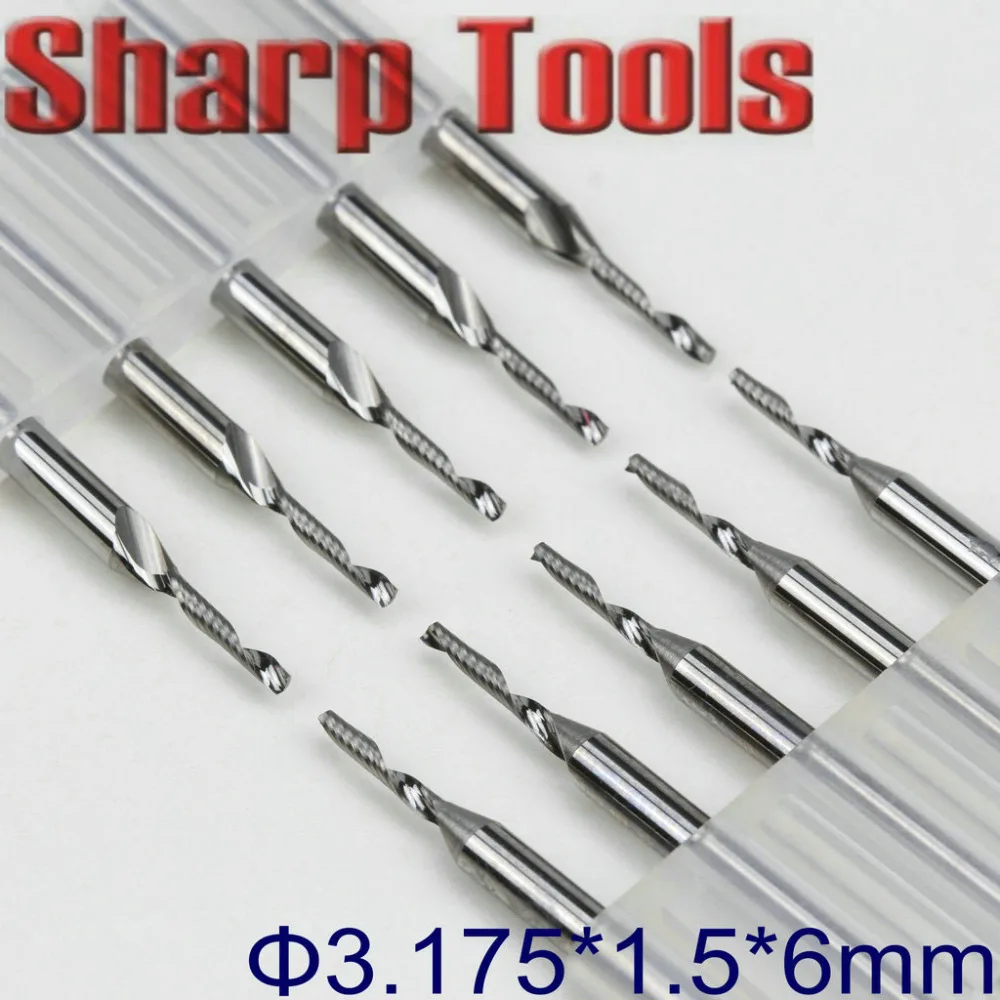 3.175x1.5mm 아크릴 텅스텐 카바이드 라우터 비트 용 단일 플루트 밀링 커터, 10 개 미니 나선형 조각 CNC 절단 도구