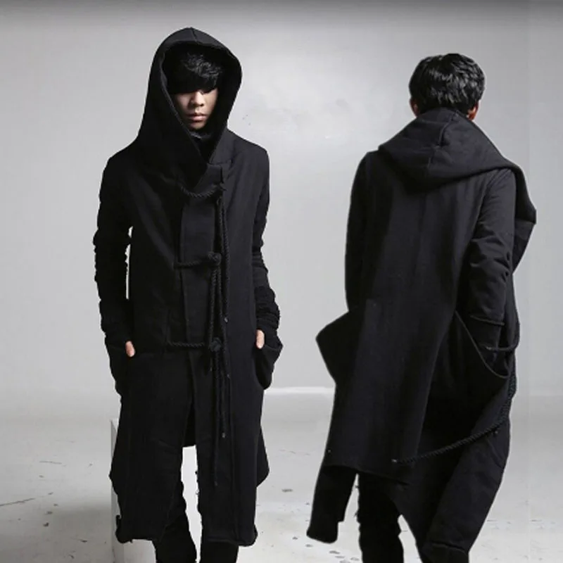 Winter men linen rope button hip hop long hoodie gothic hooded cloak nightclub DJ singer punk rock stage costume fleece hoodies