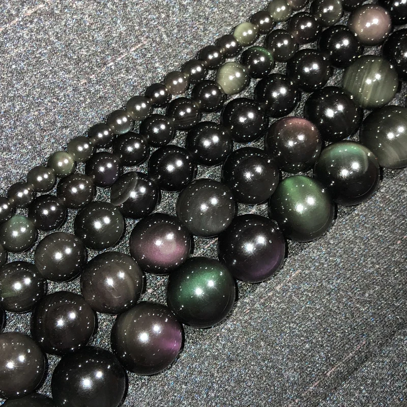 Pick Size 6/8/10/12/14MM Natural Genuine Flash Rainbow Obsidian Stone Round Loose Beads 15