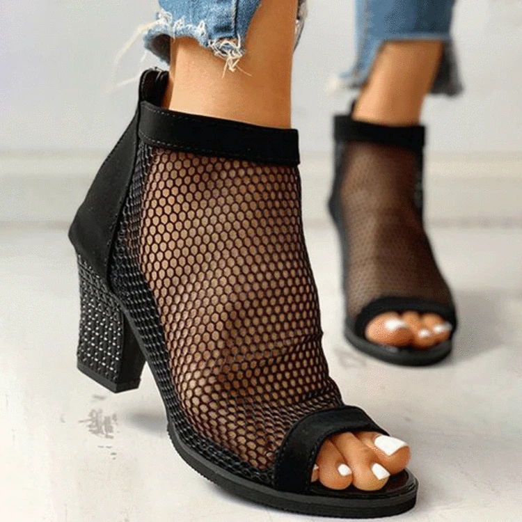 Women Boots Mesh Suede Ankle Boots Lace  Summer Boots Zapatos Chaussures Femme Zipper Square High Heel Leopard Women Shoes