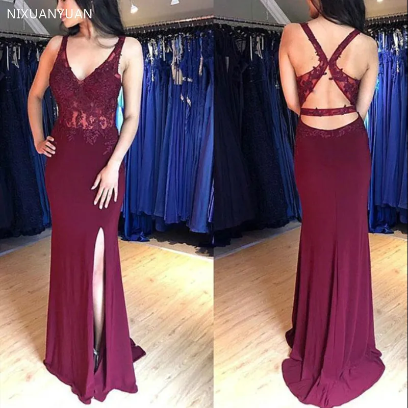 

Burgundy Mermaid Prom Dresses 2021 Side Slit Women's Party Gown Cut Out Evening Dresses Banquet Robe De Soiree