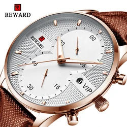 REWARD White Quartz Wrist Watches for Men Brown Leather Band Calendar Display Grid Dial Design Business Watch Male