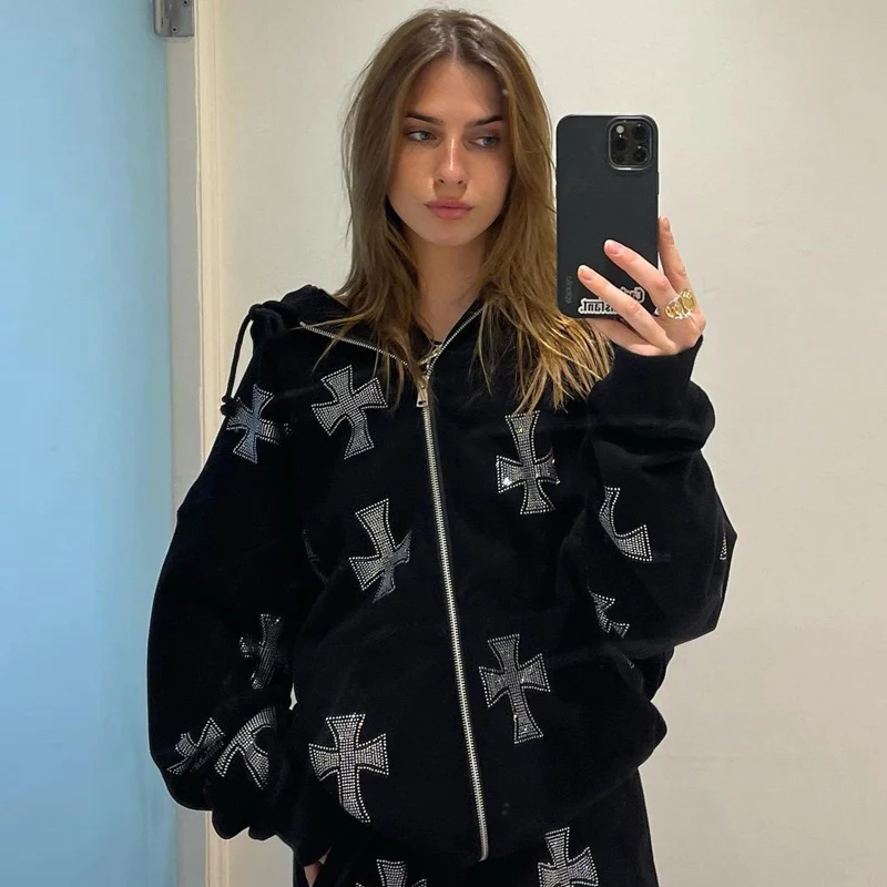 Vintage rhinestone graphics Oversized Hoodies Female Zip Up Long Sleeve Women\'s Sweatshirt Y2K Aesthetic Winter Grunge clothing