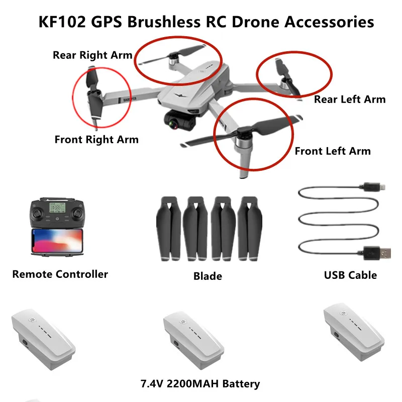 KF102 KF-102 GPS WIFI FPV 4K 6K 8K 2-Axis Gimbal Gesture Shoot Brushless RC Drone Spare Parts 7.4V 2200MAH Battery/Arm/USB Cable