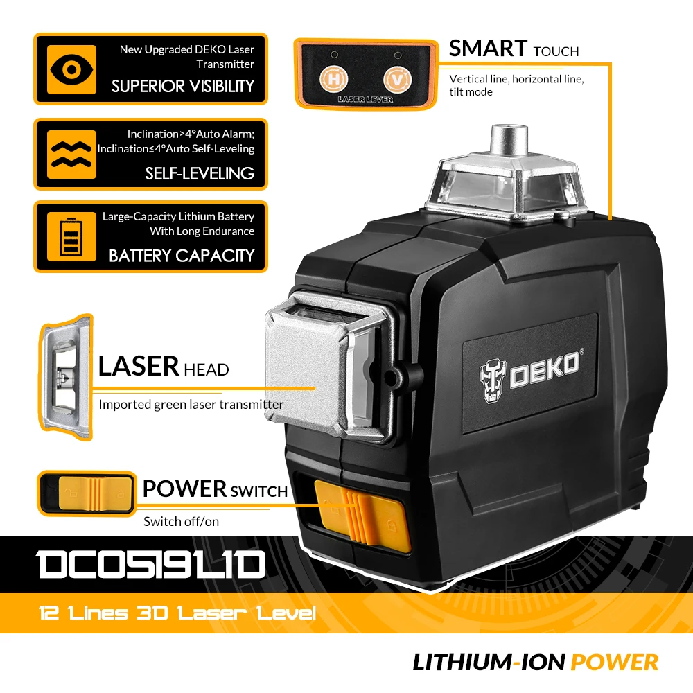 DEKO DKLL12PB 12 Lines 3D Laser Level Automatic Self Leveling Vertical Horizontal 360 Degrees Tilt Rotary Indoor&Outdoor Mode