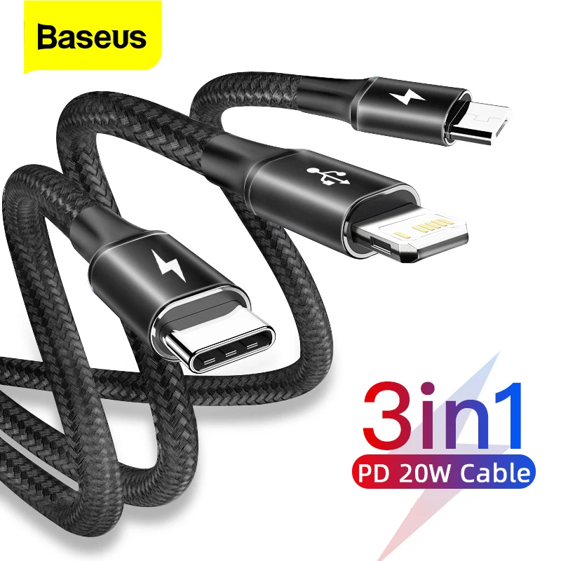 Baseus 마이크로 타입 C 케이블, 샤오미 리얼미 휴대폰 고속 충전기 코드, 3 인 1 USB C 케이블, PD 20W, 아이폰 X 12 11