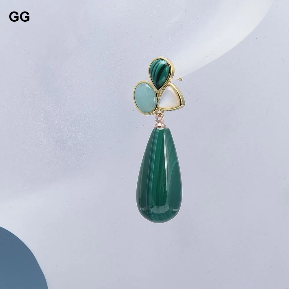 GG Natural Green Malachite Gems Dangle White Shell Peruvian Amazonite Stud Earrings For Women