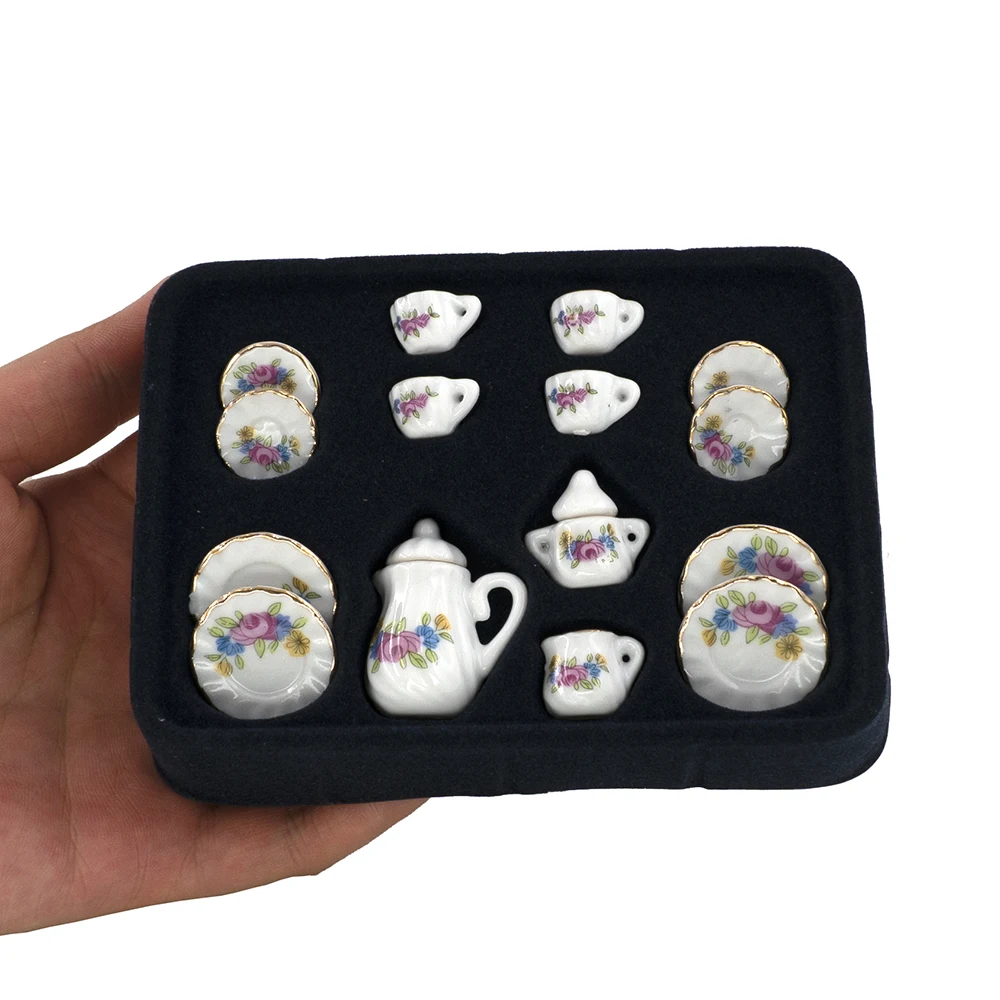 15Pcs 1/12 accessori per case delle bambole in miniatura Mini Set da tè in ceramica simulazione bollitore piatto tazza modello giocattoli decorazione casa delle bambole