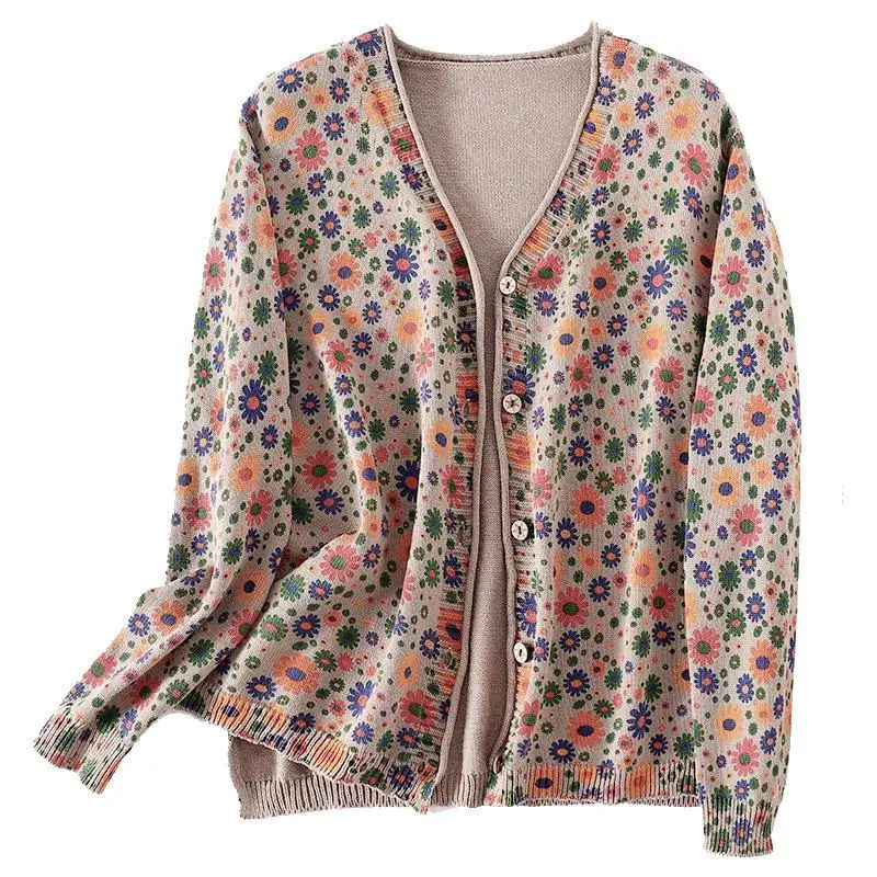 Printed knitted cardigan women\'s short shawl outer spring and autumn wear 2023 new retro floral sweater coat