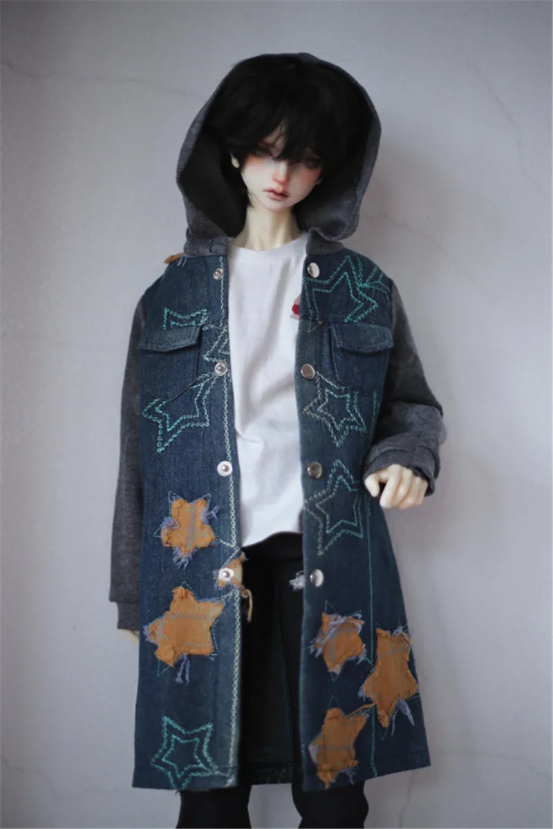 BJD baby clothes fit with 1/3 1/4 Uncle Size denim Stitching sleeve hoodie cardigan coat ~ 3 accessories (Random star picture)