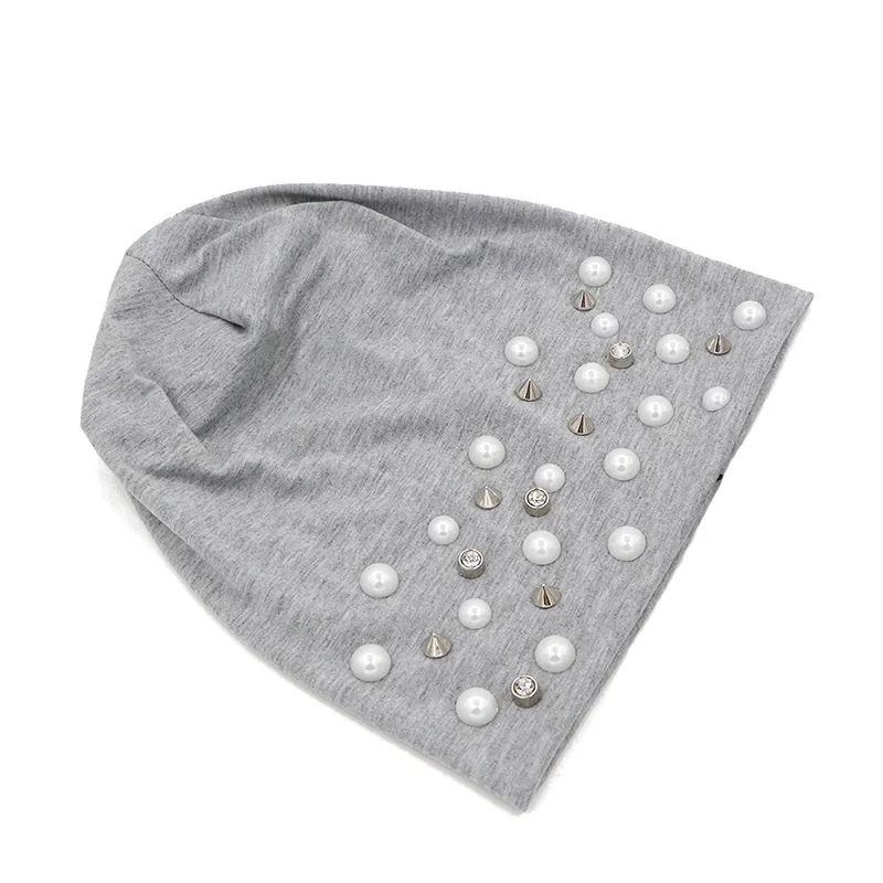 GZHILOVINGL Brand 2020 casual Pearl Diamond Hat Women Knit Slouchy Beanie Girls Bonnet Skull Baggy Cotton Hats Gorro Spring hats