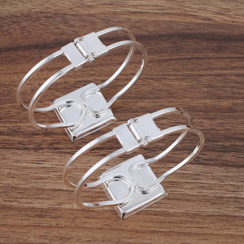 10pcs Silver Plated Brass Blank Cuff Bangle Bases 25mm Square Deep Wall Bezel tray Spring Open Bracelet Bangle Settings DIY
