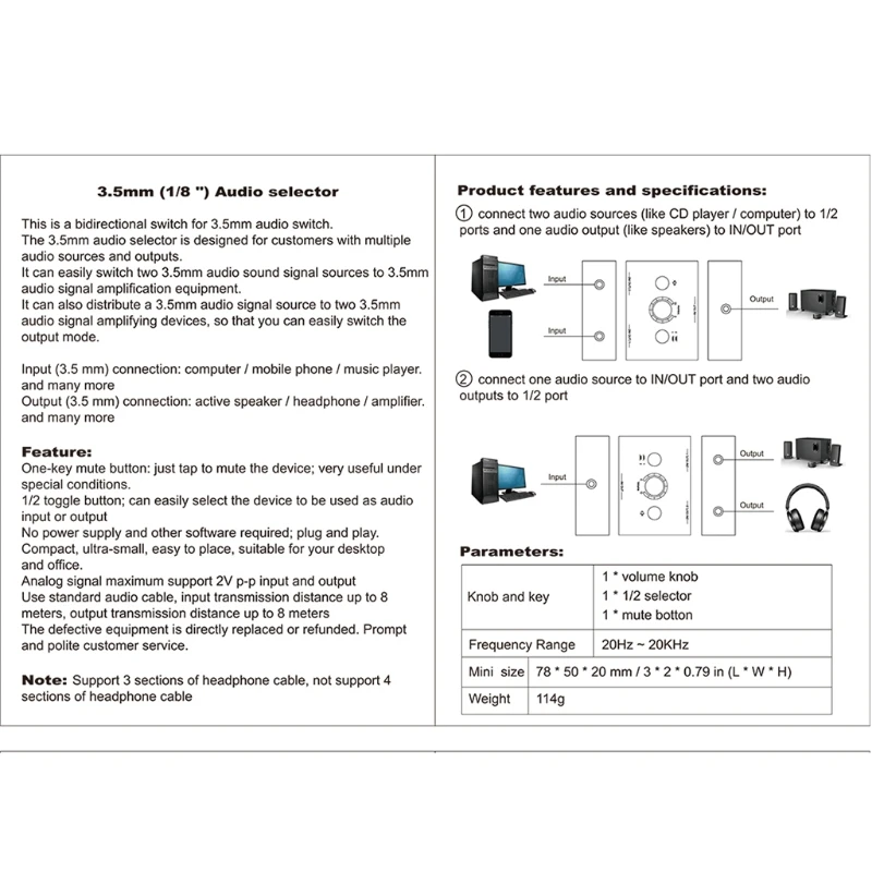 H052 Stereo Audio Switch Audio Switcher 2 Input 1 Output / 1 Input 2 Out Audio Sharing Active Speakers and Headphones