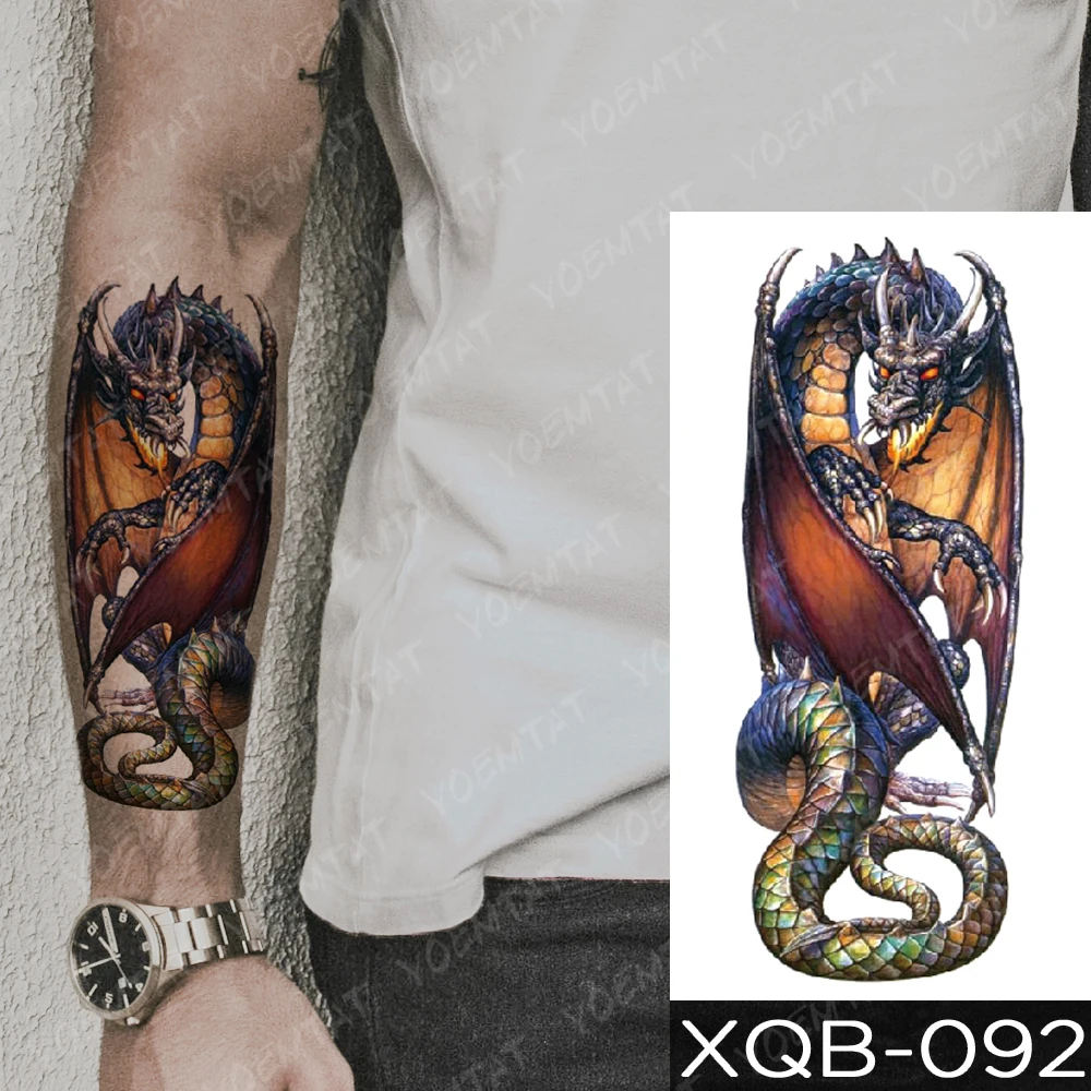 Tatuaje temporal impermeable para hombres y mujeres, pegatina de dragón, caballero, Spitfire, tatuajes Flash, Tigre, búho, Lobo, arte corporal, tatuaje falso para brazo