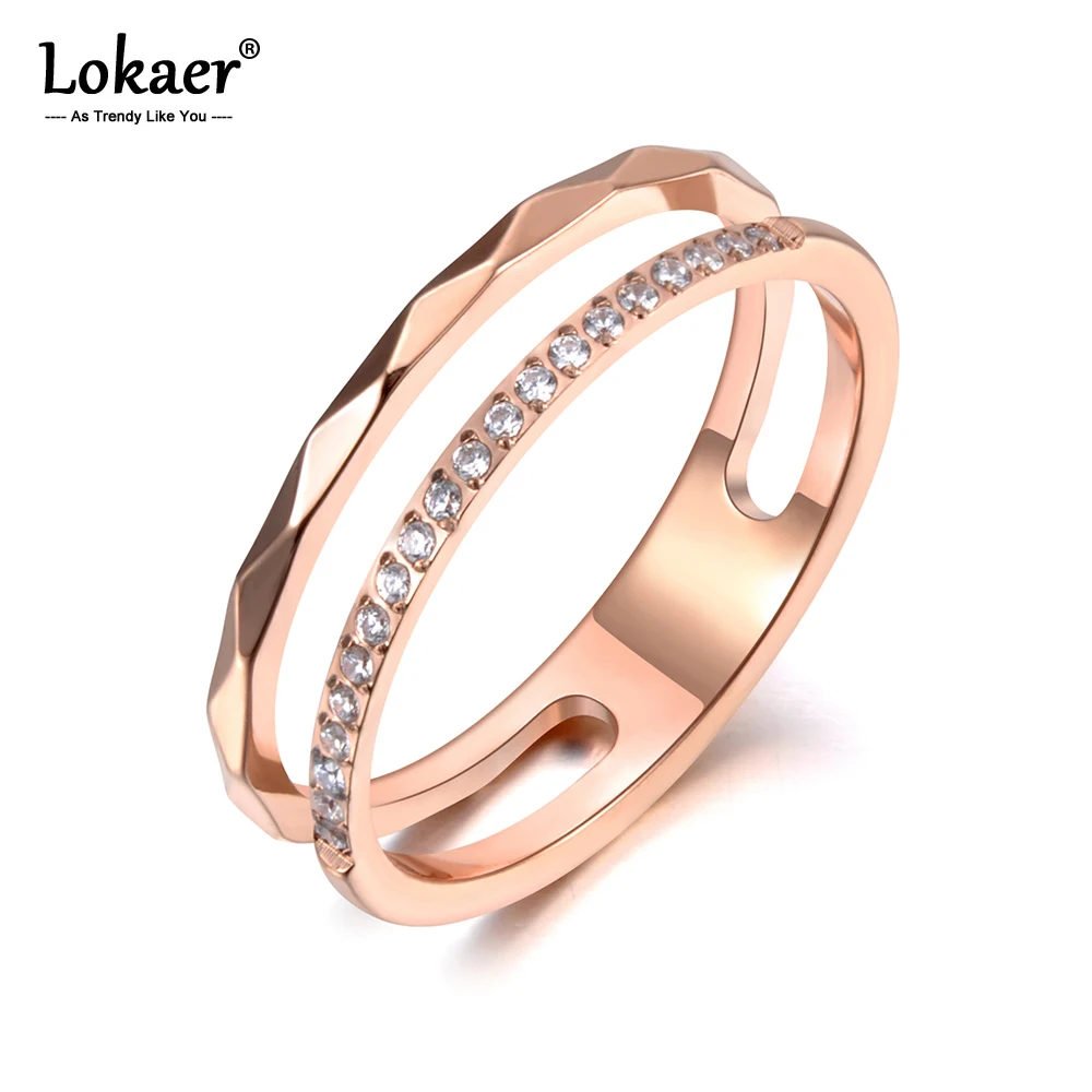 Lokaer Titanium Stainless Steel Cut Face Ring Trendy Mosaic CZ Crystal Rose Gold Color Wedding Rings Jewelry For Women R19063