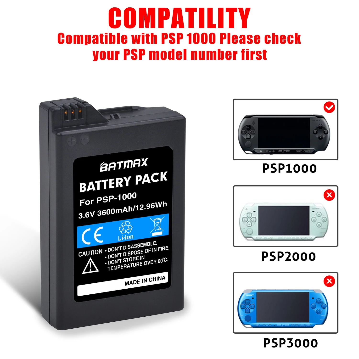 Batmax 3600mAh PSP-1000 bateria + USB ładowarka do Sony PSP1000 PSP-110 konsola do gier dla Sony 1001,1002,1003,1004,1005,1006