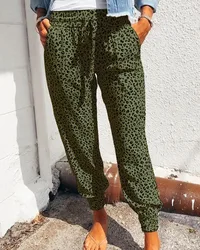 Women Leopard Printed Trousers Loose Lace-up Waist Long Pants with Pockets For Daily Summer Spring Fall Pencil Pant Streetwear