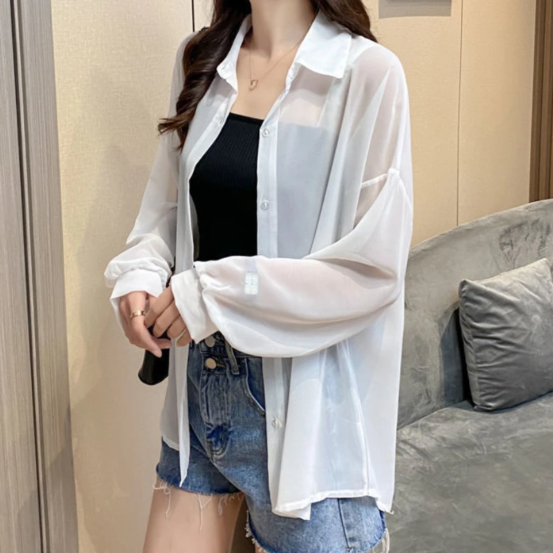 Women Shirts Sheer Sun-proof Fashion Summer Elegant Outerwear Simple Solid All-match Feminine Long Sleeve Turn-down Collar Cozy