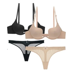 Thick Cotton Push Up Bra And Thong Sets For Women Sexy Lingerie Plus Size Mesh Underwear Seamless Bras Panties Set A B C D Cup