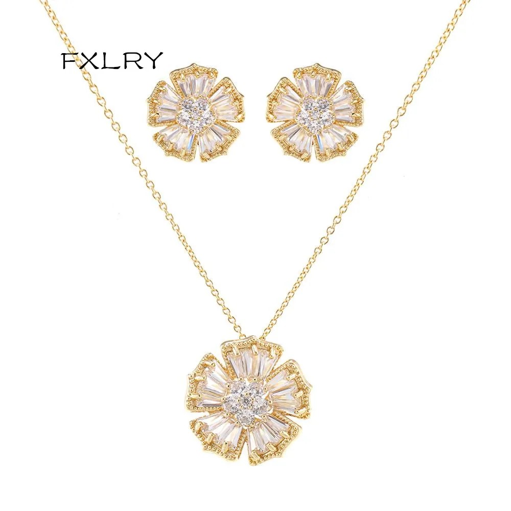 FXLRY Elegant Shinning Trendy White/Gold Colcor AAA Cubic Zirconia Flower Fashion Necklace Earring For Women Jewelry Sets