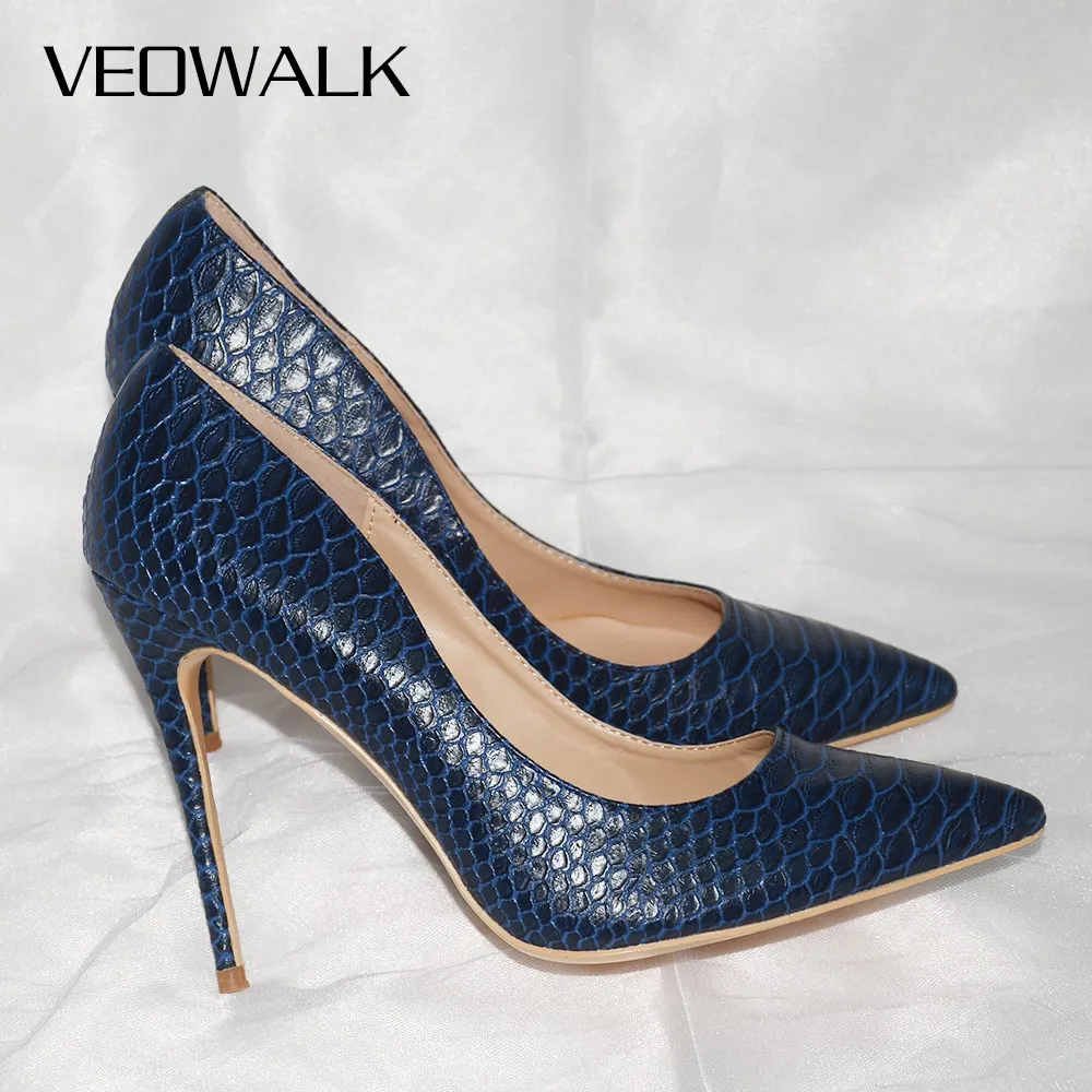 Veowalk Sexy Women Snakeskin Embossed Extremely High Heel Party Shoes Italian Style Navy Blue Fashion Ladies Stilettos Pumps