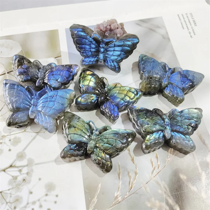 

Natural Gems Beautiful Labradorite Carved Butterfly Animals Polished Quartz Crystals Healing Reiki Gemstones Home Decoration