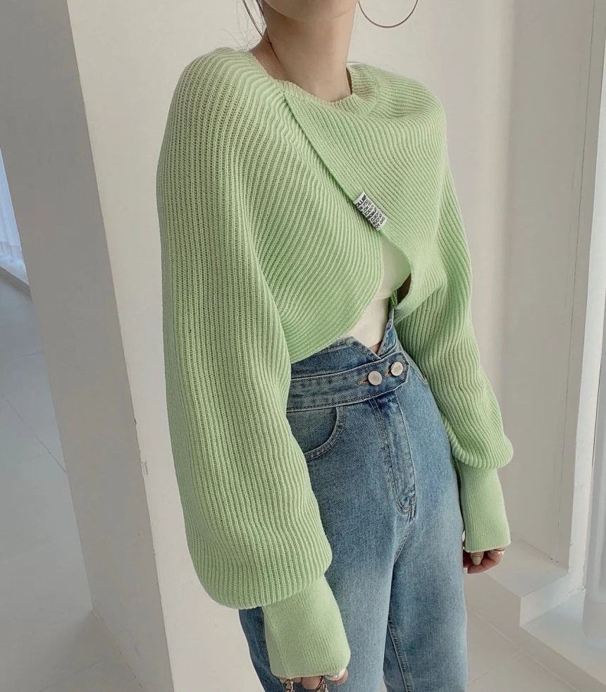 REALEFT Autumn Winter Knitted Cross Short Pullover Female Sweater Elegant Long Sleeve Casual Loose Chic Women's Sweater 2021 New