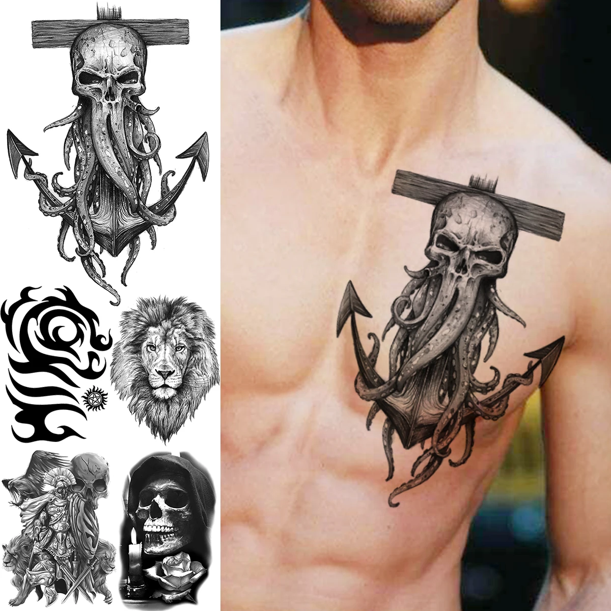 Realistic Anchor Octopus Pirate Chest Temporary Tattoos For Men Adult Totem Skull Lion Skeleton Fake Tattoo 3D Tatoos Sticker