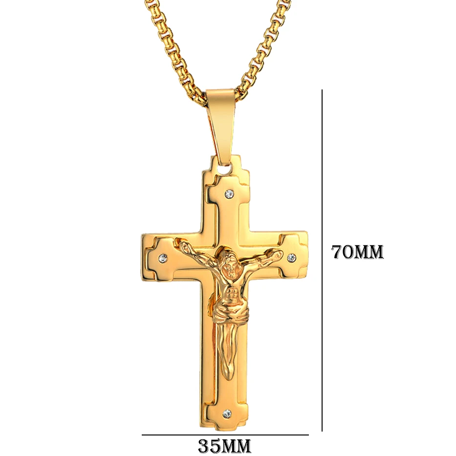 Gold Color Christian Stainless Steel Pendant Necklace for Men Women Fashion Jewelry Crucifix Jesus Cross Chain