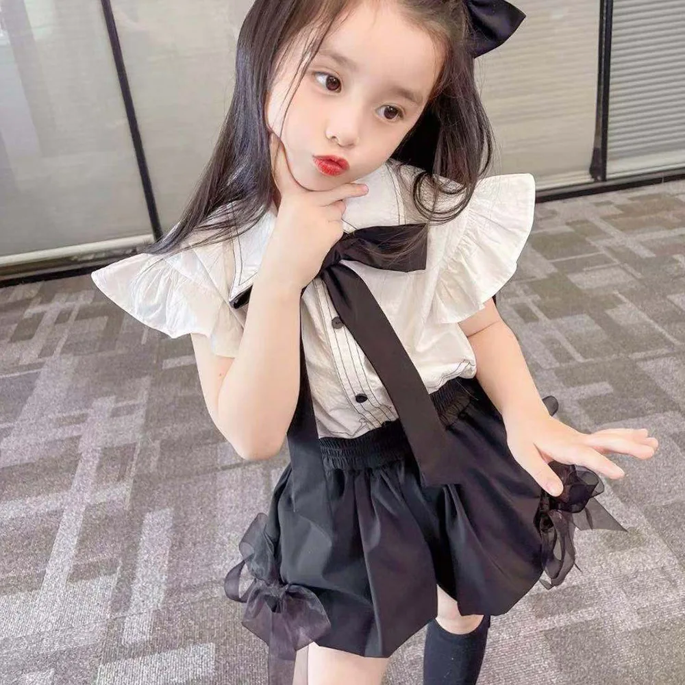 Summer Girl Suit Children\'S Clothing European American Style Small Flying Sleeve Shirt+Shorts Students Clothes School Uniform