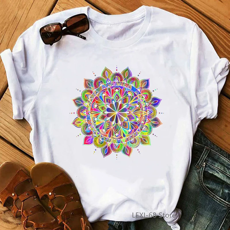 Colorful Geometric Mandala Flower Print Tshirt Women Clothes 2024 Funny T Shirt Female Summer Tops Tee Shirt Femme