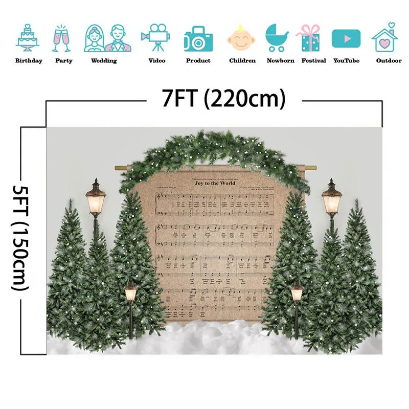 크리스마스 트리 눈 사진 배경 세계 악보 장식 소품 어린이 생일 사진 스튜디오 부스 배경, 즐거움