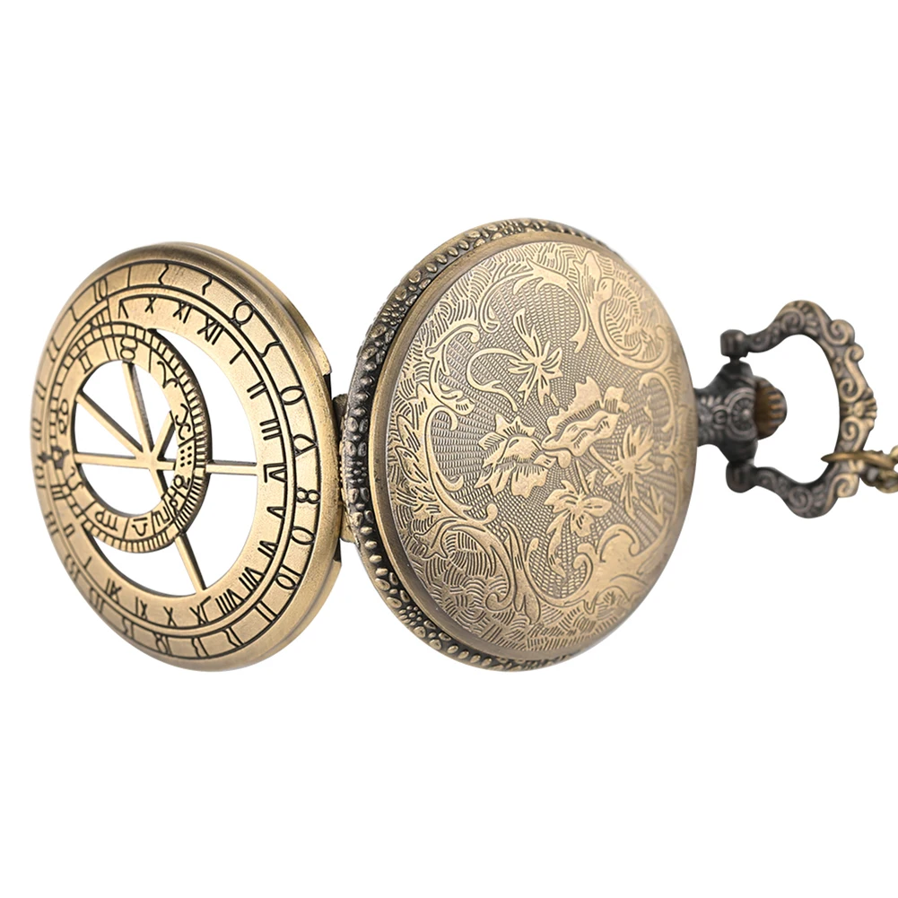 Retro Bronze Hollow Geometry Prague Astronomical Compass Design Quartz Pocket Watch Necklace Clock Fob Watches Zodiac Pendants