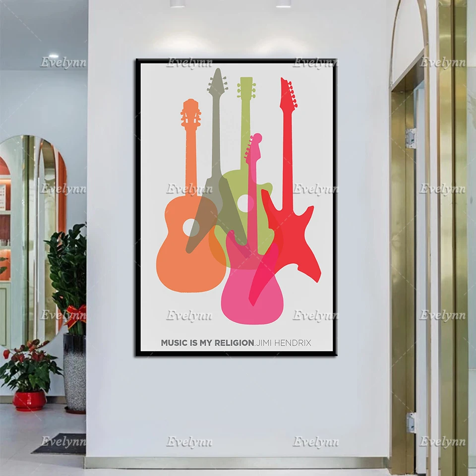 Guitar Gifts,Jimi Hendrix Art Print,Music Is My Religion - Inspirational Quote Poster,Colorful Electric Guitar Home Decor Canvas