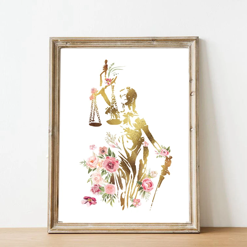 Lady Justice Lawyer Wall Art Prints Law Student Gift , Watercolor Floral Art Canvas Painting Attorney Poster Lawyer Office Decor