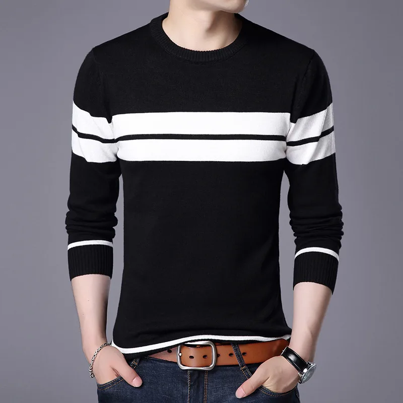 New Autumn Men\'s Knitted Sweater Pullovers Slim O Neck Long Sleeve Pullover Stripe Patchwork Pullover Casual Bottoming Sweaters