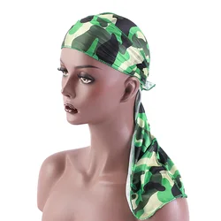 Fashion Camouflage Printed Long Tail Pirate Hat Silky Satin Durags Bandana Men's Silky Durags Turban Hat Adjustable Headwrap