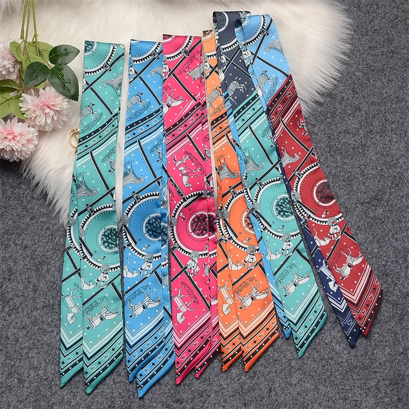 Horse Print Silk Scarf Women Luxury Brand Small Ribbon Headband Hairband Streamer Design Accessories For Bag Girls Headscarf