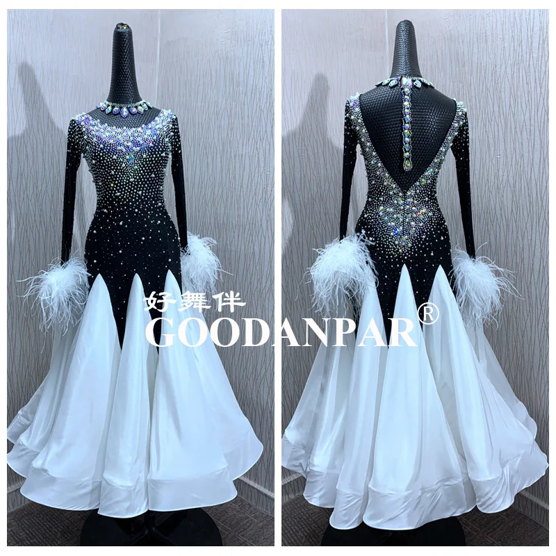 

GOODANPAR 2021 New Standard Ballroom Dance Dress Women Girls Competition Costume Sleeveless Lycra Waltz Stage white balck Long