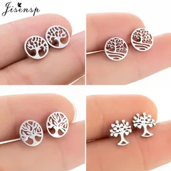 Stainless Steel Tree of Life Small Earring Multiple Plant Jewelry for Women Boho Leaf Coconut Cactus Studs Girls Birthday Gifts