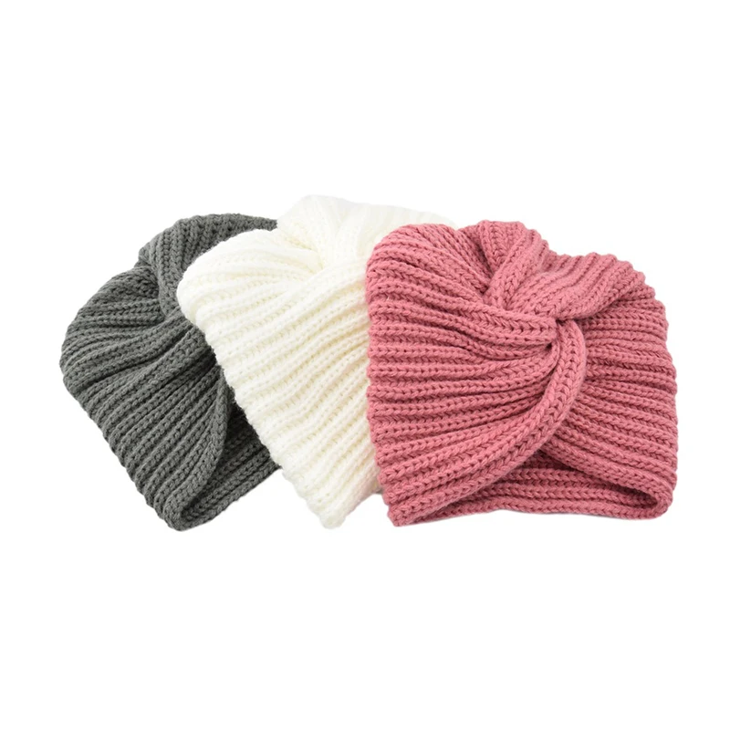 Women New Bandanas Turban Winter Knit Turban Cap Center Cross Hair Scarfs Boho Knotted Bandana Muslim Hat Warm Turban