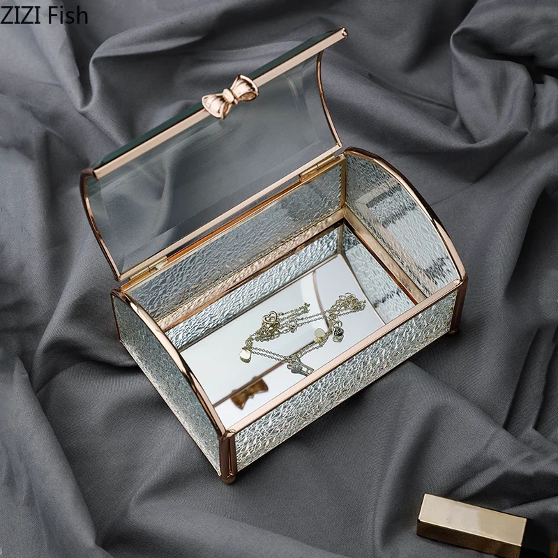 

Retro Glass Jewelry Box Jewelry Desktop Storage Organization Golden Transparent Glass Storage Box Home Decoration Makeup
