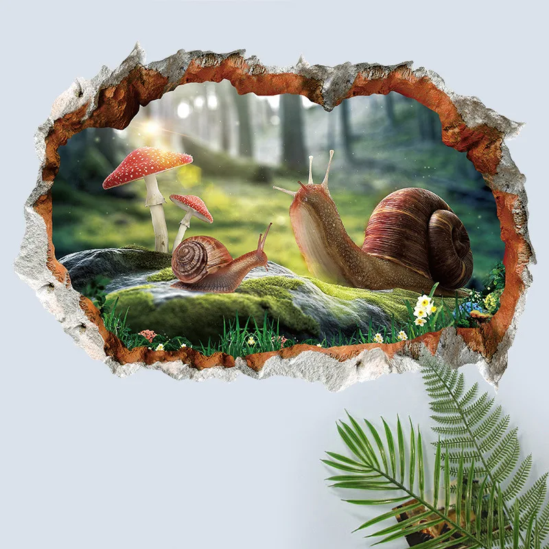 3D decoration broken wall snail home decoration sticker bedroom living room background pvc wallpaper forest mushroom snail decal