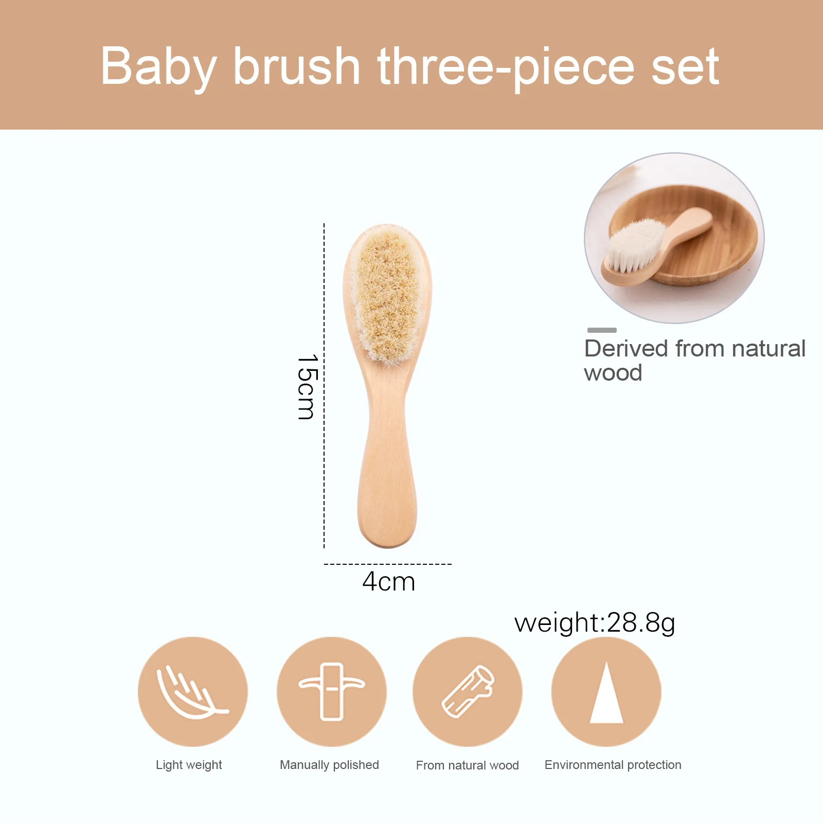 Pure Natural Wool Escova de madeira para cuidados com o bebê, BPA Free Hairbrush para recém-nascidos Pente infantil Massageador de cabeça Escova de