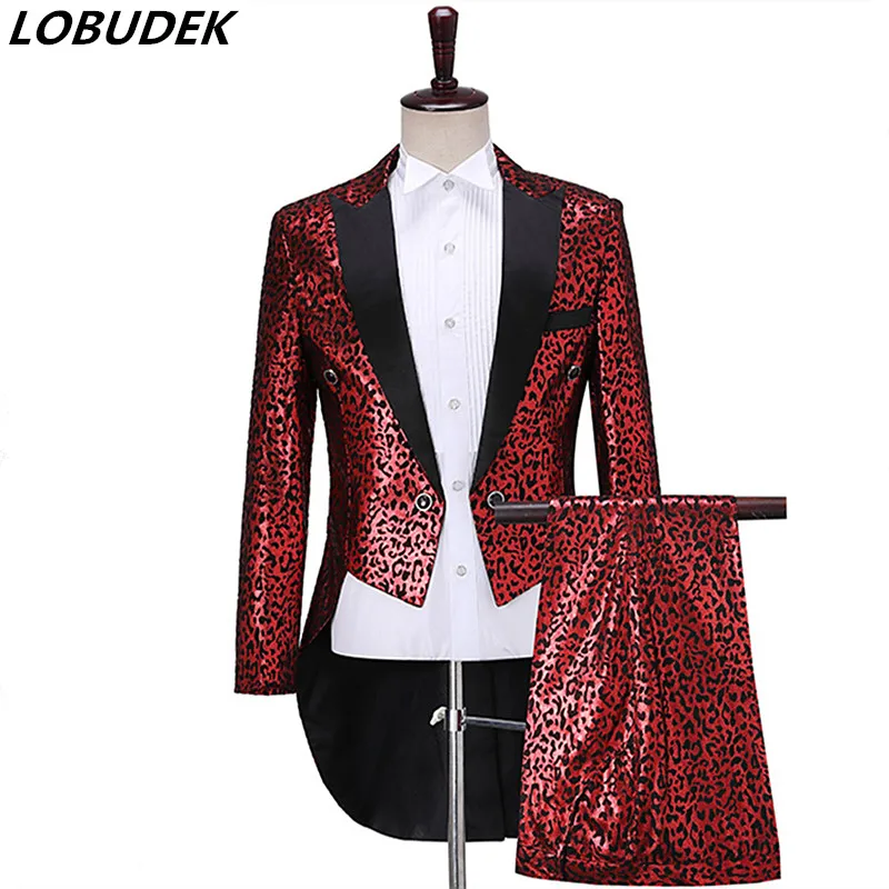 

Men's Leopard Swallowtail Suits Red Gold Silver Print Tailcoat Pants 2-Pieces Set Magician Singer Stage Performance Suit Costume