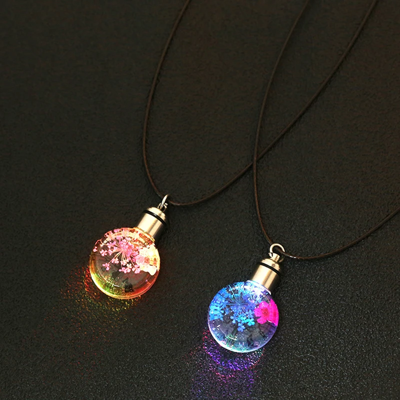 Women Dried Flower Necklace Gypsophila Flashing Faux Leather Necklace Transparent Glass Ball Sweater Chain Accessories